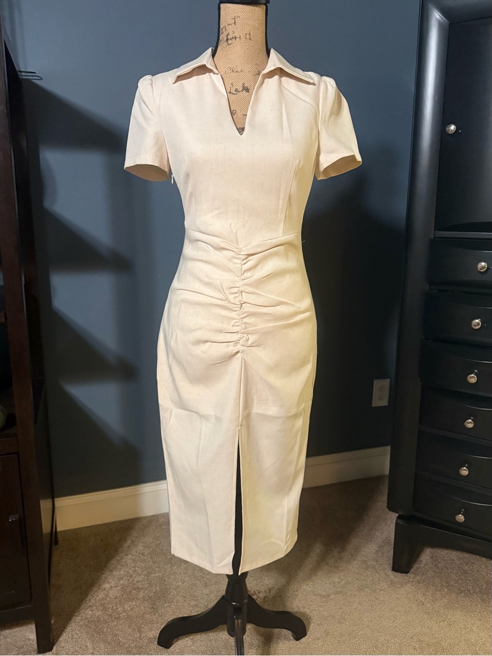 Tailored Cream Ruched Midi Dress with Collar